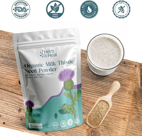 هيرب آند هيل مسحوق شوك الحليب العضوي | عشبة دعم الكبد والجهاز الهضمي | بذور شوك الحليب المطحونة لعلاجات الشاي والشعر والعناية بالبشرة | غير معدل وراثيًا، نباتي (8 أونصة) in Kuwait