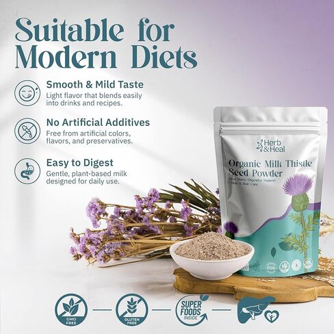هيرب آند هيل مسحوق شوك الحليب العضوي | عشبة دعم الكبد والجهاز الهضمي | بذور شوك الحليب المطحونة لعلاجات الشاي والشعر والعناية بالبشرة | غير معدل وراثيًا، نباتي (8 أونصة) in Kuwait