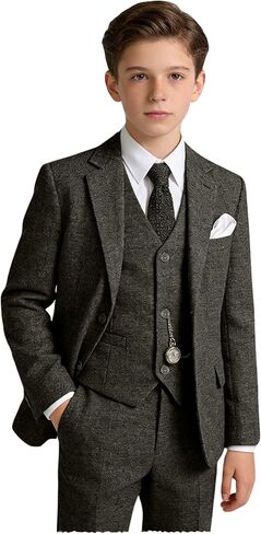 الأولاد بدلات 6pcs Tweed Herringbone بدلات للأطفال Slim Fit Tuxedo سترة السترة الرسمية زفاف قميص السترة سترة مجموعة مع ربطة عنق in Kuwait