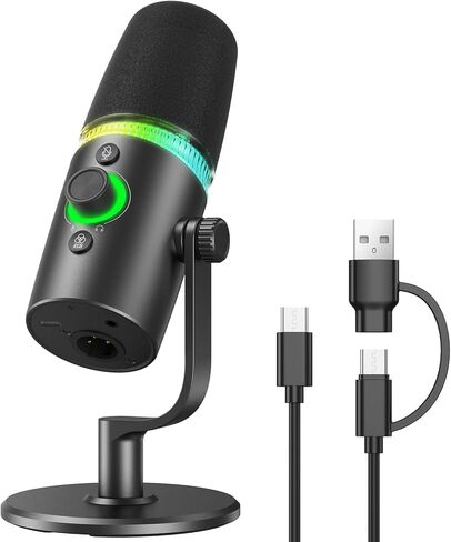 ميكروفون ديناميكي USB/XLR لتسجيل البودكاست، ميكروفون لبث ألعاب الكمبيوتر الشخصي مع ضوء RGB، اضغط لكتم الصوت، مقبس سماعات الرأس، حامل سطح المكتب، ميكروفون صوتي لغناء اليوتيوب in Kuwait
