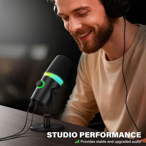 ميكروفون ديناميكي USB/XLR لتسجيل البودكاست، ميكروفون لبث ألعاب الكمبيوتر الشخصي مع ضوء RGB، اضغط لكتم الصوت، مقبس سماعات الرأس، حامل سطح المكتب، ميكروفون صوتي لغناء اليوتيوب in Kuwait