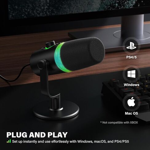 ميكروفون ديناميكي USB/XLR لتسجيل البودكاست، ميكروفون لبث ألعاب الكمبيوتر الشخصي مع ضوء RGB، اضغط لكتم الصوت، مقبس سماعات الرأس، حامل سطح المكتب، ميكروفون صوتي لغناء اليوتيوب in Kuwait