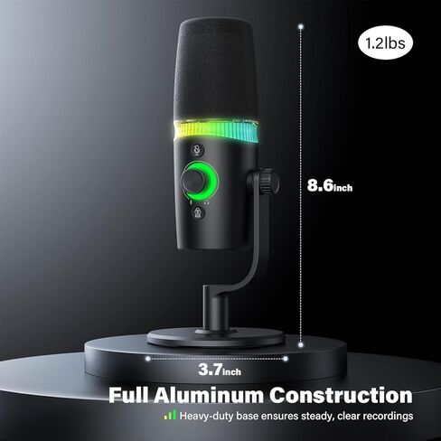 ميكروفون ديناميكي USB/XLR لتسجيل البودكاست، ميكروفون لبث ألعاب الكمبيوتر الشخصي مع ضوء RGB، اضغط لكتم الصوت، مقبس سماعات الرأس، حامل سطح المكتب، ميكروفون صوتي لغناء اليوتيوب in Kuwait