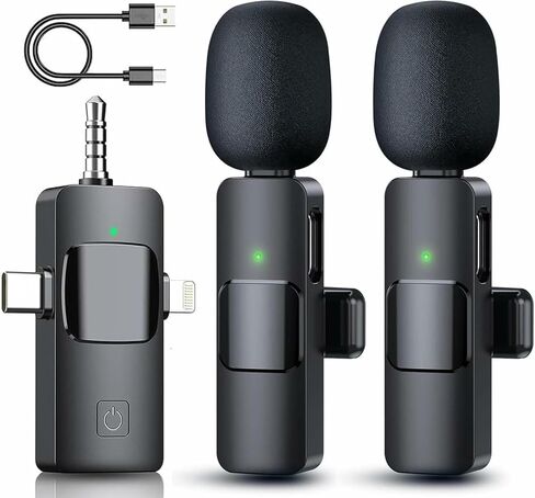 3 in 1 Wireless Lavalier Microphone for iPhone, Android, Camera, 12Hour Battery, Noise Reduction Recording Mic 2.4G Ultra-Low Delay, Mini Microphone for Vlog/TikTok/YouTube Live Stream(2 Mic) in Kuwait