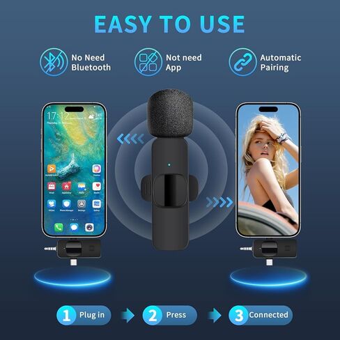 3 in 1 Wireless Lavalier Microphone for iPhone, Android, Camera, 12Hour Battery, Noise Reduction Recording Mic 2.4G Ultra-Low Delay, Mini Microphone for Vlog/TikTok/YouTube Live Stream(2 Mic) in Kuwait