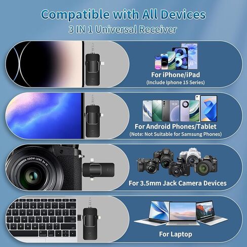 3 in 1 Wireless Lavalier Microphone for iPhone, Android, Camera, 12Hour Battery, Noise Reduction Recording Mic 2.4G Ultra-Low Delay, Mini Microphone for Vlog/TikTok/YouTube Live Stream(2 Mic) in Kuwait