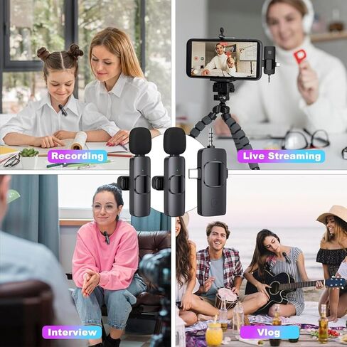 3 in 1 Wireless Lavalier Microphone for iPhone, Android, Camera, 12Hour Battery, Noise Reduction Recording Mic 2.4G Ultra-Low Delay, Mini Microphone for Vlog/TikTok/YouTube Live Stream(2 Mic) in Kuwait