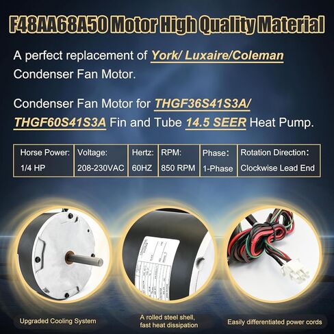 استبدال محرك مروحة المكثف F48AA68A50 لـ York، Coleman، Luxaire، Genteq، A.O. سميث THGF36S41S3A THGF60S41S3A F48M27A50 إلخ، 1/4 حصان، 850 دورة في الدقيقة، 208-230 فولت، ضمان لمدة عام in Kuwait