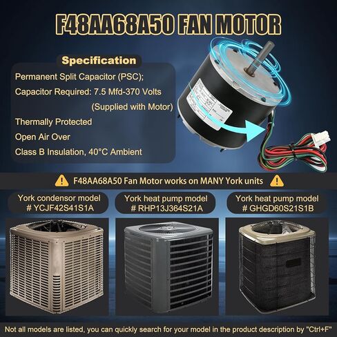 استبدال محرك مروحة المكثف F48AA68A50 لـ York، Coleman، Luxaire، Genteq، A.O. سميث THGF36S41S3A THGF60S41S3A F48M27A50 إلخ، 1/4 حصان، 850 دورة في الدقيقة، 208-230 فولت، ضمان لمدة عام in Kuwait