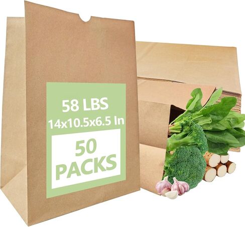 100 حزمة من أكياس ورق الكرافت الورقية، حقيبة بقالة بنية كبيرة شديدة التحمل بوزن 58 رطلاً، أكياس مقاس 14 × 10.5 × 6.5 بوصة للتخزين، والإخراج، والتسوق، والأكياس in Kuwait