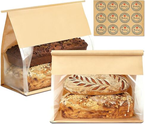 50 Pack Large Paper Bread Bags for Homemade Bread Sourdough Sandwich, 10.5x10.6x6.1 Inch Resealable Tin Tie Tab Lock Bread Loaf Bakery Bags with Window, Baked Goods Packaging for Gifting and Bake Sale in Kuwait