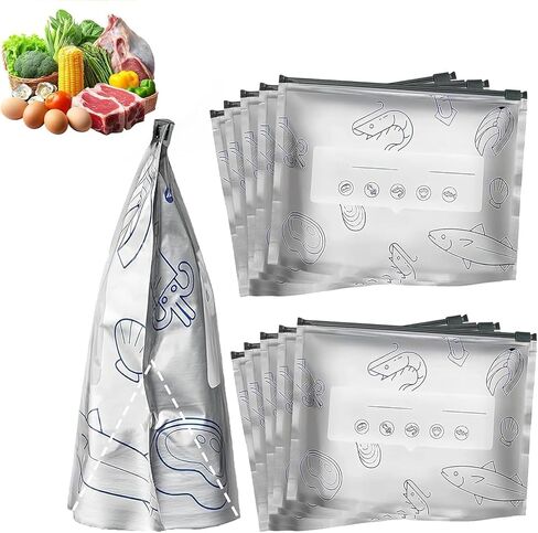 2026 New Reusable Aluminum Foil Sealable Storage Bags, Upgrade Resealable Vacuum Zipper Pouches with Label and Zip Lock, Stand Up Foil Sealable Bags for food, Vegetable and Fruit Meat (10PCS, Large) in Kuwait