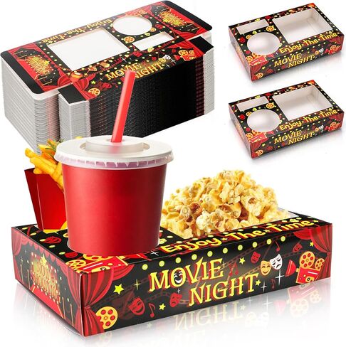 Tebery 50 Pcs Movie Night Snack Tray, Disposable Movie Snack Holder Box, Sturdy Outdoor Popcorn Candy Food Drink Tray, Movie Night Supplies Favors for Theater Family Birthday Party, 9.5 x 6 Inch in Saudi Arabia