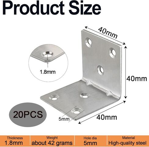 20 قطعة معدنية L بين قوسين 1.5 بوصة × 1.5 بوصة × 1.5 بوصة دعامة زاوية شديدة التحمل للخشب، 1.5 بوصة 40 مم واسعة معدنية زاوية قائمة قوس L شكل 90 درجة دعامة زاوية أثاث خشبي إطار رف كتب للسرير in Kuwait