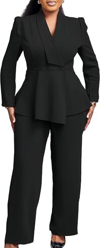 Women Suit Jacket 2 Piece Ruffle Blazer with Wide Leg Pants Suit Long Sleeve Business Casual Outfits in Kuwait