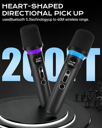 ميكروفون لاسلكي، كتم صوت بلمسة واحدة وإضاءة RGB ديناميكية، ميكروفون ديناميكي مزدوج محمول بدرجة احترافية، نطاق طويل جدًا يصل إلى 200 قدم وعمر بطارية يصل إلى 40 ساعة. للغناء والجلسات العائلية. in Kuwait