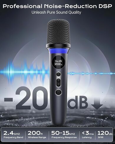ميكروفون لاسلكي، كتم صوت بلمسة واحدة وإضاءة RGB ديناميكية، ميكروفون ديناميكي مزدوج محمول بدرجة احترافية، نطاق طويل جدًا يصل إلى 200 قدم وعمر بطارية يصل إلى 40 ساعة. للغناء والجلسات العائلية. in Kuwait