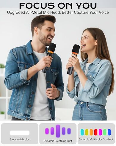 ميكروفون لاسلكي، كتم صوت بلمسة واحدة وإضاءة RGB ديناميكية، ميكروفون ديناميكي مزدوج محمول بدرجة احترافية، نطاق طويل جدًا يصل إلى 200 قدم وعمر بطارية يصل إلى 40 ساعة. للغناء والجلسات العائلية. in Kuwait