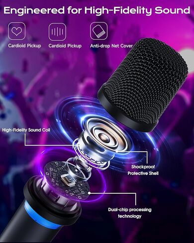 ميكروفون لاسلكي، كتم صوت بلمسة واحدة وإضاءة RGB ديناميكية، ميكروفون ديناميكي مزدوج محمول بدرجة احترافية، نطاق طويل جدًا يصل إلى 200 قدم وعمر بطارية يصل إلى 40 ساعة. للغناء والجلسات العائلية. in Kuwait