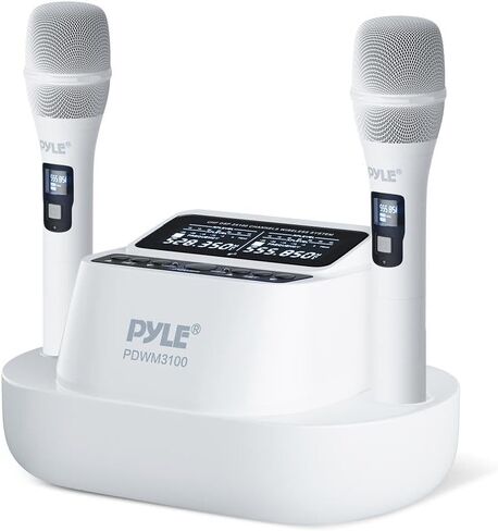 Pyle UHF Wireless Microphone System with Dual Handheld Mics, USB Rechargeable, Bluetooth Fixed Frequency Receiver, Low Noise DSP Audio, Plug & Play for Karaoke, Stage, Classroom, Office & DJ Use in Saudi Arabia