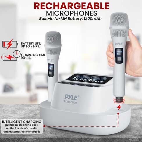 Pyle UHF Wireless Microphone System with Dual Handheld Mics, USB Rechargeable, Bluetooth Fixed Frequency Receiver, Low Noise DSP Audio, Plug & Play for Karaoke, Stage, Classroom, Office & DJ Use in Saudi Arabia
