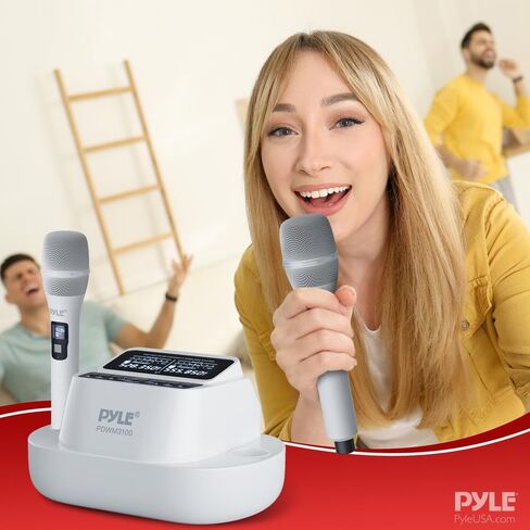 Pyle UHF Wireless Microphone System with Dual Handheld Mics, USB Rechargeable, Bluetooth Fixed Frequency Receiver, Low Noise DSP Audio, Plug & Play for Karaoke, Stage, Classroom, Office & DJ Use in Saudi Arabia