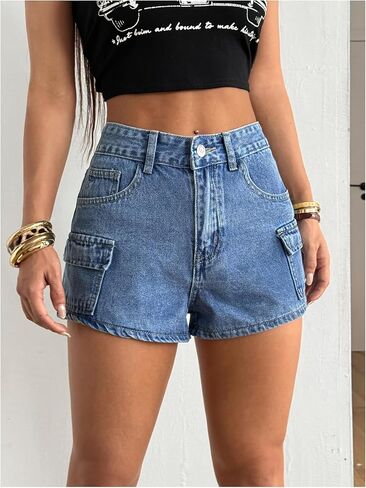 WDIRARA Women's High Waisted Denim Cargo Shorts Straight Leg Casual Jean Shorts with Pockets in Kuwait