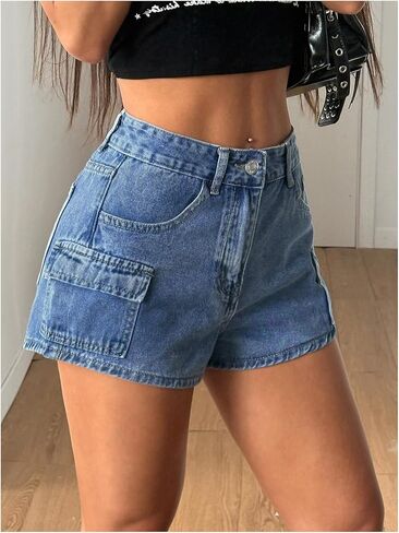 WDIRARA Women's High Waisted Denim Cargo Shorts Straight Leg Casual Jean Shorts with Pockets in Kuwait