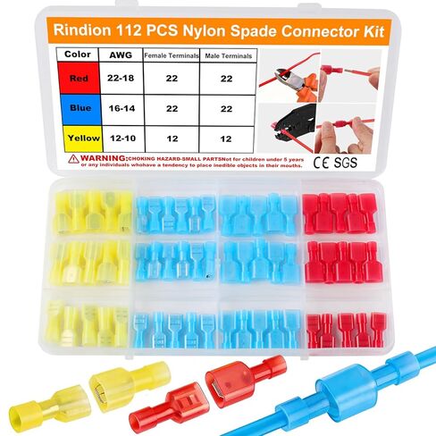 112PCS Nylon Spade Connector Kit, 22-10AWG Quick Disconnect Wire Connectors, Wire Spade Connectors, Spade Terminals, Male and Female Electrical Insulated Wire Crimp Terminal Assortment Kit in Kuwait