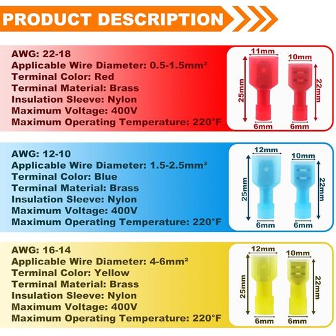 112PCS Nylon Spade Connector Kit, 22-10AWG Quick Disconnect Wire Connectors, Wire Spade Connectors, Spade Terminals, Male and Female Electrical Insulated Wire Crimp Terminal Assortment Kit in Kuwait