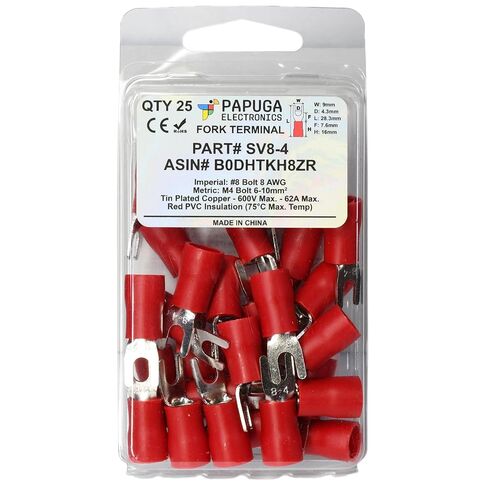 PAPUGA 25PCS 8 AWG (10 mm2) #8 / M4 (4 mm) Fork Spade Crimp Connector, PVC Insulated, 600V 62A, CE & RoHS Power Lug for Inverter Solar & Marine Wiring, Battery & Power Wiring in Saudi Arabia