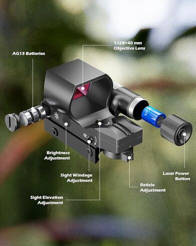 HIRAM Reflex Sight Laser Combo, 2 MOA Red Dot Sight with Green Laser 4 Reticle Patterns 8 Brightness Settings for 20 mm Picatinny Weaver Rails, Tactical Optics for Rifle Pistol Airsoft in Kuwait