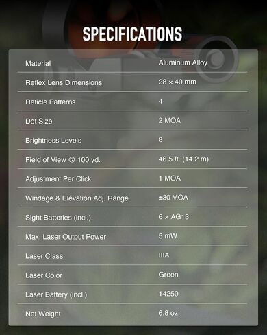 HIRAM Reflex Sight Laser Combo, 2 MOA Red Dot Sight with Green Laser 4 Reticle Patterns 8 Brightness Settings for 20 mm Picatinny Weaver Rails, Tactical Optics for Rifle Pistol Airsoft in Kuwait