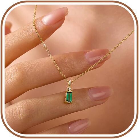 925 Sterling Silver Baguette Emerald Cubic Zirconia Necklaces for Women Dainty 14k Gold Plated Green Birthstone Charm Chain Pendant Necklace Birthday Jewelry Gifts for Mom Wife in Kuwait