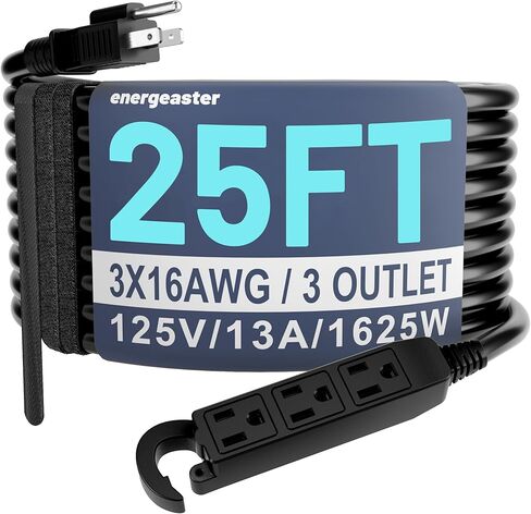 16/3 15 Ft 3 Outlet Extension Cord Outdoor Waterproof, Black Extension Cords with Multiple Outlets, 3 Prong with Multi Outlet Outside 13A 1625W 16AWG, ETL Listed in Kuwait