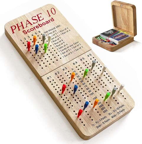 Tuiiopoli Score Board for Phase 10, Thicken Real Quailty Hardwood Oak Scoreboard with 6 Colored Pegs Wooden Score Sheets Tracker Board Party Family Night Oak Accessories Board in Saudi Arabia