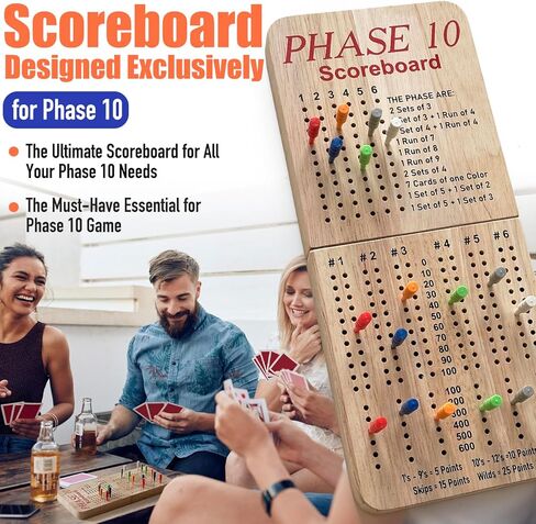 Tuiiopoli Score Board for Phase 10, Thicken Real Quailty Hardwood Oak Scoreboard with 6 Colored Pegs Wooden Score Sheets Tracker Board Party Family Night Oak Accessories Board in Saudi Arabia