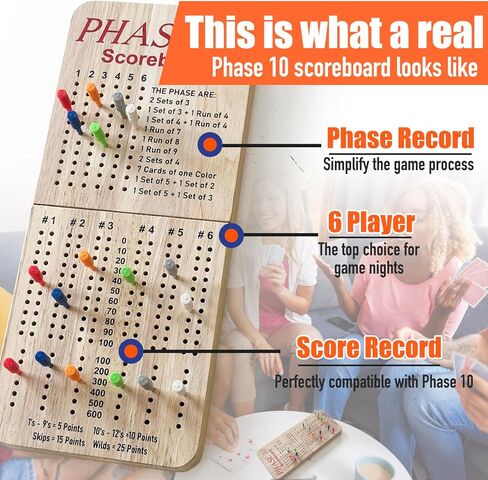 Tuiiopoli Score Board for Phase 10, Thicken Real Quailty Hardwood Oak Scoreboard with 6 Colored Pegs Wooden Score Sheets Tracker Board Party Family Night Oak Accessories Board in Saudi Arabia
