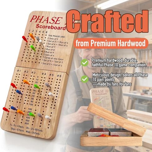Tuiiopoli Score Board for Phase 10, Thicken Real Quailty Hardwood Oak Scoreboard with 6 Colored Pegs Wooden Score Sheets Tracker Board Party Family Night Oak Accessories Board in Saudi Arabia