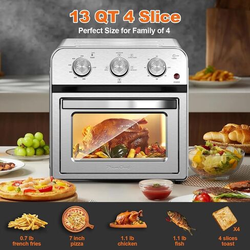 Family Size Air Fryer Toaster Oven Combo,13QT,360° Hot Air Circulation for Healthy Oil-Free Cooking, Multifunctional Convection Contertop Oven, Adjustable Time & Temp Control, Stainless Steel in Kuwait