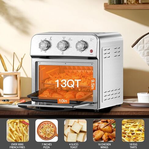 Family Size Air Fryer Toaster Oven Combo,13QT,360° Hot Air Circulation for Healthy Oil-Free Cooking, Multifunctional Convection Contertop Oven, Adjustable Time & Temp Control, Stainless Steel in Kuwait