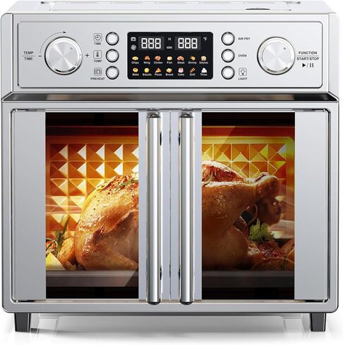Large Capacity French Double-Door Air Fryer Convection Toaster Oven, 1700W, 14 Preset Menus, 7-in-1 Multi-Function (Bake, Roast, Gril,Toast,Dehydrate&Defrost), Stainless Steel,silvery in Kuwait