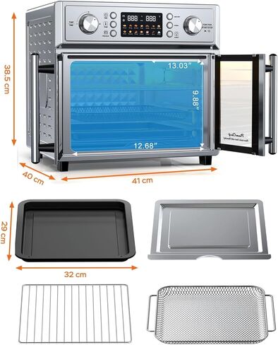 Large Capacity French Double-Door Air Fryer Convection Toaster Oven, 1700W, 14 Preset Menus, 7-in-1 Multi-Function (Bake, Roast, Gril,Toast,Dehydrate&Defrost), Stainless Steel,silvery in Kuwait