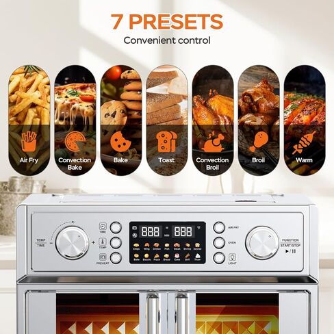 Large Capacity French Double-Door Air Fryer Convection Toaster Oven, 1700W, 14 Preset Menus, 7-in-1 Multi-Function (Bake, Roast, Gril,Toast,Dehydrate&Defrost), Stainless Steel,silvery in Kuwait