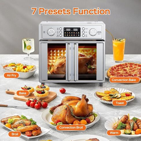 Large Capacity French Double-Door Air Fryer Convection Toaster Oven, 1700W, 14 Preset Menus, 7-in-1 Multi-Function (Bake, Roast, Gril,Toast,Dehydrate&Defrost), Stainless Steel,silvery in Kuwait