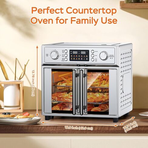 Large Capacity French Double-Door Air Fryer Convection Toaster Oven, 1700W, 14 Preset Menus, 7-in-1 Multi-Function (Bake, Roast, Gril,Toast,Dehydrate&Defrost), Stainless Steel,silvery in Kuwait