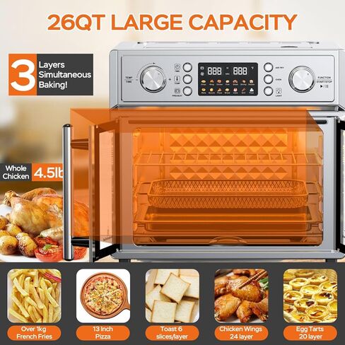 Large Capacity French Double-Door Air Fryer Convection Toaster Oven, 1700W, 14 Preset Menus, 7-in-1 Multi-Function (Bake, Roast, Gril,Toast,Dehydrate&Defrost), Stainless Steel,silvery in Kuwait