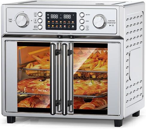 Large Capacity French Double-Door Air Fryer Convection Toaster Oven, 1700W, 14 Preset Menus, 7-in-1 Multi-Function (Bake, Roast, Gril,Toast,Dehydrate&Defrost), Stainless Steel,silvery in Kuwait