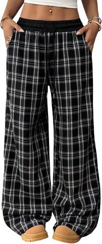 Wdirara Girl's Plaid مرنة الخصر سراويل واسعة الساق طويلة الساق طويلة مع جيوب in Saudi Arabia