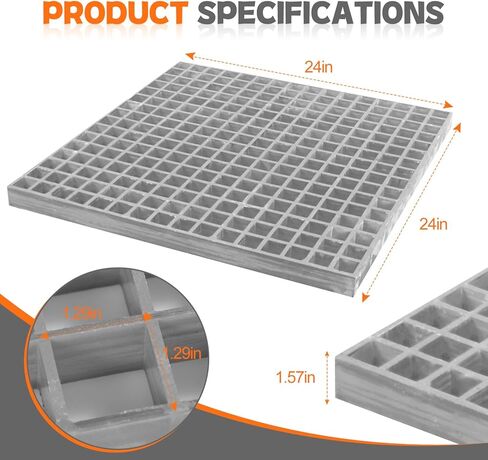 Heavy Duty 2'x2' Fiberglass Molded Grating Panel - 4400LBS Capacity, Industrial FRP Square Grate, 1.5''x1.5''x1.5'' Bar Grille for Car Wash, Decks, Stairs, Garage (Grey, 23.8" Lx23.8 W x 1.5" Th) in Kuwait